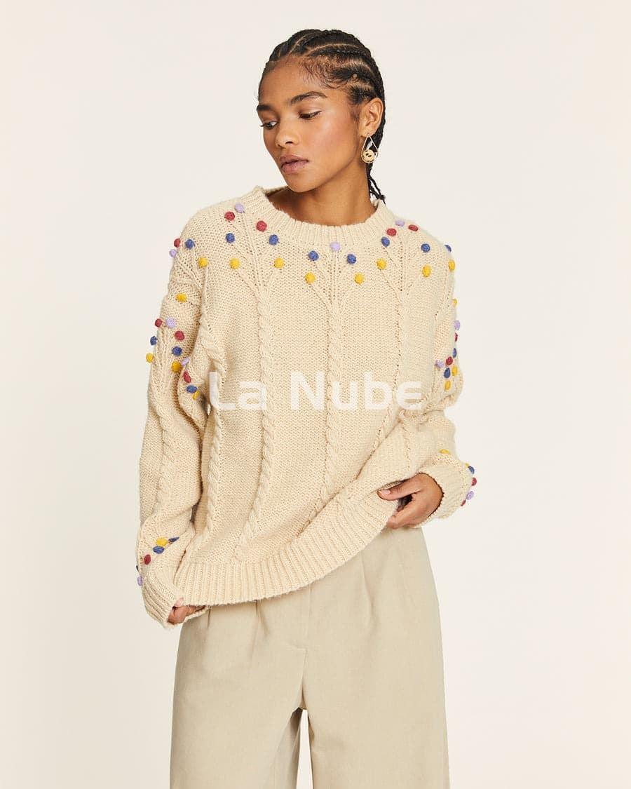 Jersey pompom con trenzados crema - Imagen 1